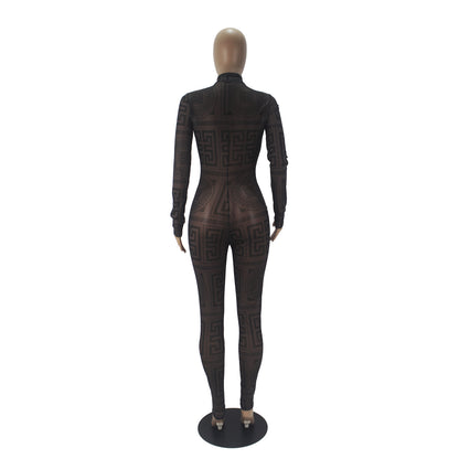 Women's Sexy Sheer Mesh Jumpsuit - Long Sleeve High Neck Bodysuit - Semi-Sheer Transparent Outfit (S-XXL) - Machine Washable All-Season Wear for Parties - Fashion Events - Tight-Fitting Lingerie Suit
