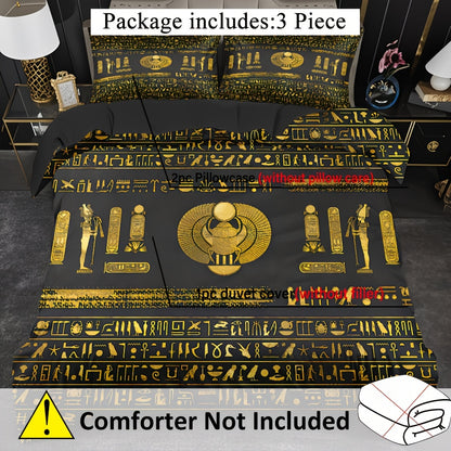 Egyptian Theme Duvet Cover Set - 3pcs Soft High-Definition Digital Print In Black And Golden - Breathable Polyester, Machine Washable - Perfect Gift For All-Season Use With Duvet Cover And Pillowcases