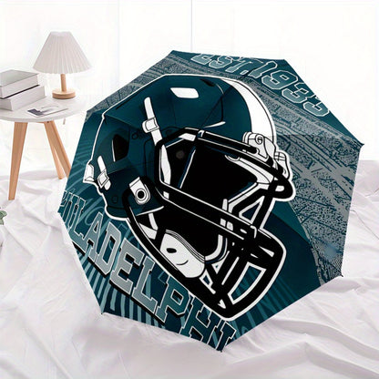 Philadelphia Football Team Spirit Automatic Opening/Closing Umbrella - 8-Rib All-Weather Foldable Travel Umbrella with Teal & Golden City Skyline & Logo Design, Portable for Daily Use, Sports Events, Gift for Fans