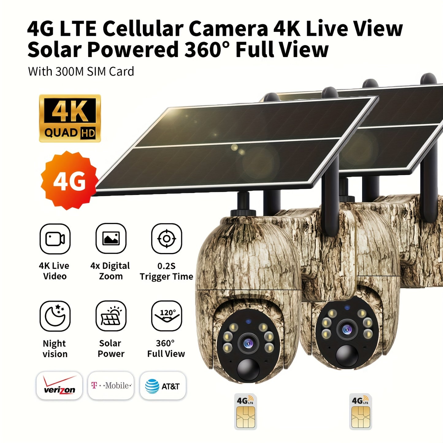 SEHMUA 4G Solar LTE Cellular Trail Camera With 360° Pan Tilt & 2-Way Audio, 4K Live View, Security Cameras Wireless Outdoor, 0.2s Trigger, HD Night Vision, Built-in SIM Card With 7-Day FREE Data, Waterproof For Hunting & Sec