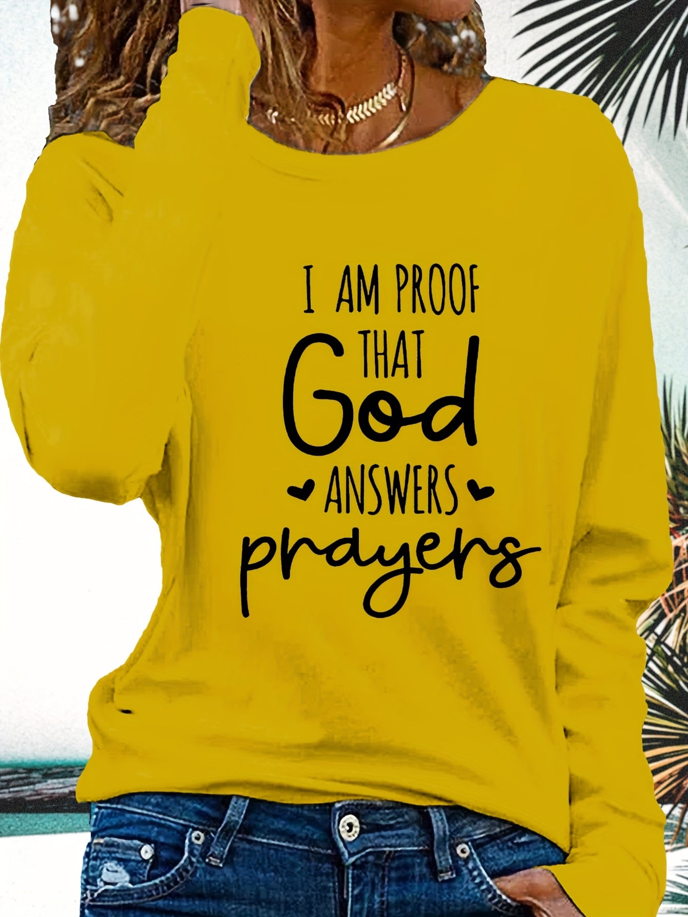 Women's Faith T-Shirt - "I Am Proof God Answers Prayers" Verse Print, Blue Long Sleeve Crew Neck Casual Top, 180gsm Heavyweight Religious Apparel for Church, Casual Attire & Prayer Outfits