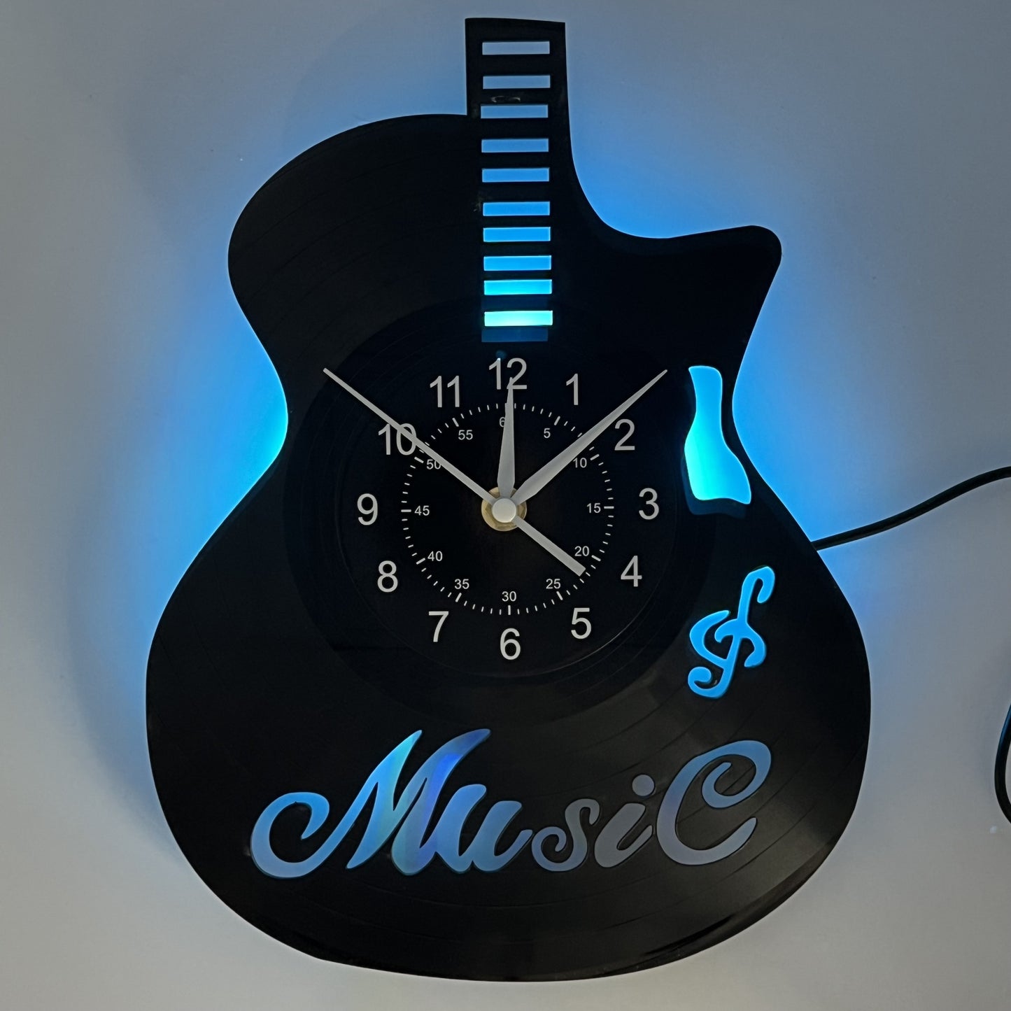 Handmade Guitar-Shaped Vinyl Record LED Wall Clock - Unique Musical Theme, Irregular Shape, Flat Crown, Digital Display, Battery Operated (AA Not Included) - Ideal for Living Room, Bedroom, Office, Music Room Decor - Perfect