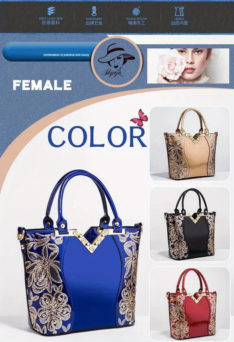 Designer Floral Embroidery Patent Leather Handbag for Women, Large Capacity Shoulder Tote with Zipper Closure, Polyester Lined, Paint Detail, Party Bag