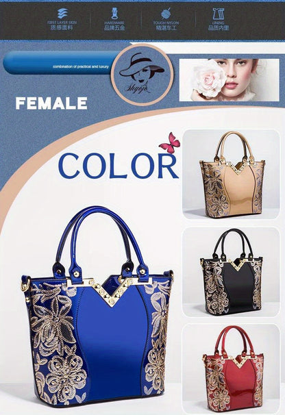 Designer Floral Embroidery Patent Leather Handbag for Women, Large Capacity Shoulder Tote with Zipper Closure, Polyester Lined, Paint Detail, Party Bag