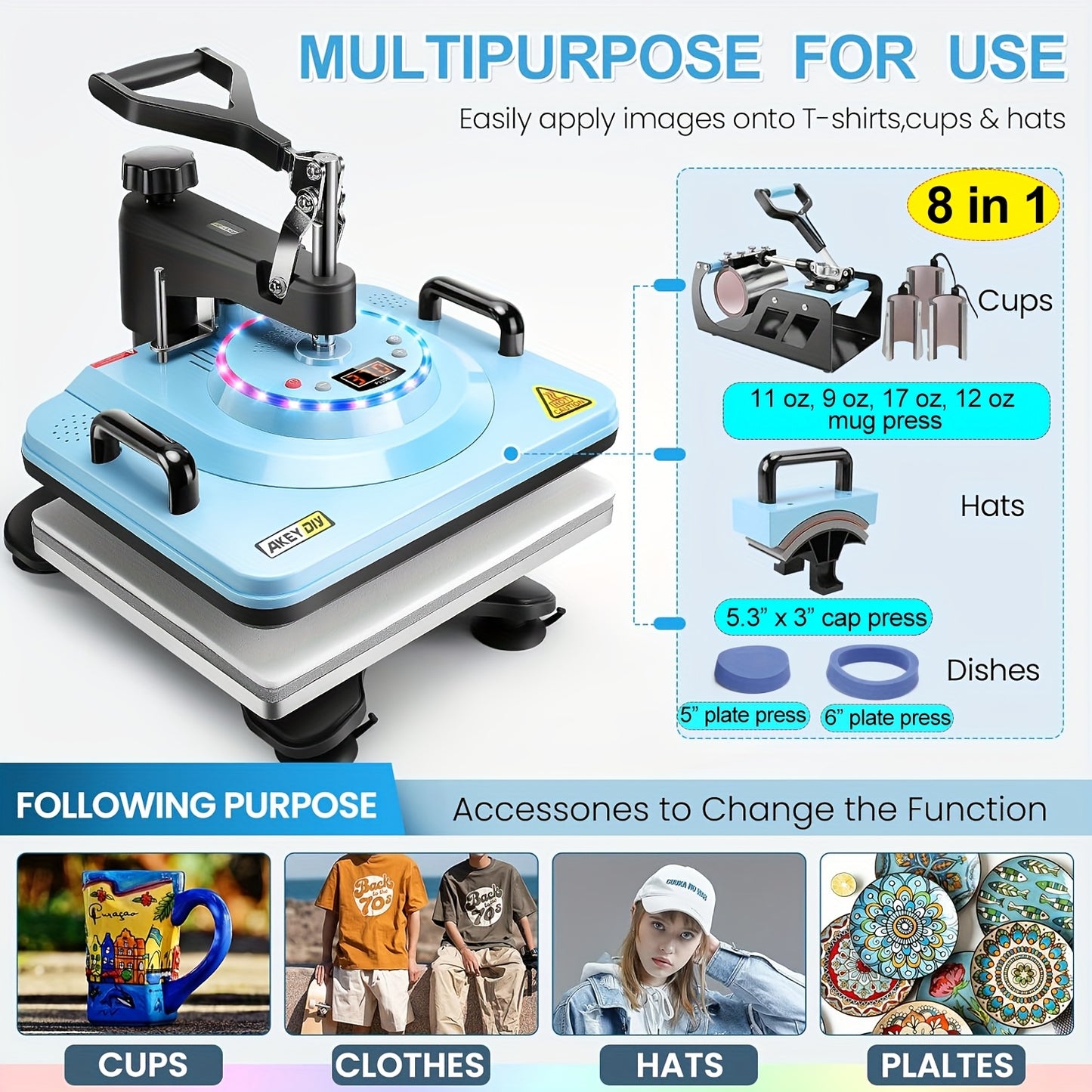 Advanced 8-in-1/ 5-in-1 - 15"x12" Heat Press Machine Set, Multi-Size Transfer Professional Sublimation Combination, With DUAL-TUBE HEATING And LED Lights, Suitable For T-shirts, Bags, Pillows, Hats, Beanies, Roller - Rotatabl