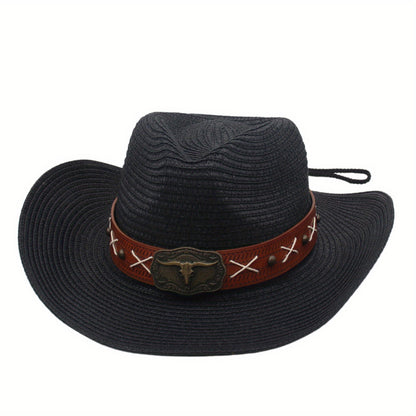 Men Women Straw Cowgirl Hat Wide Brim Stylish Bull Head Leather Belt Design Western Cap for Beach Daily Life Party