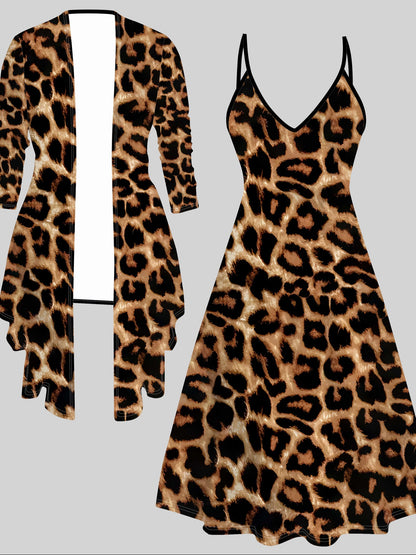 Women'S 3D Printed Leopard Print Long Sleeve Coat & Halter Dress Set - All-Season Casual Elegant Outfit, V-Neck, Brown & Animal Print, Perfect For Casual Attire, Leopard Print Dress