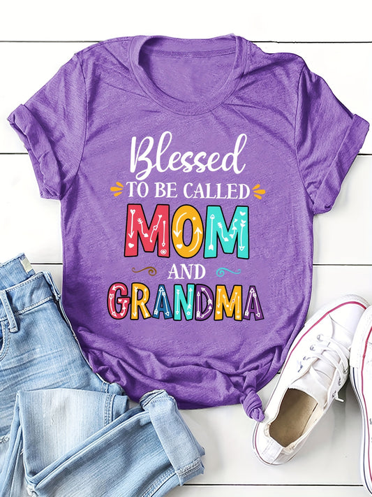 Mom Grandma Print Crew Neck T-shirt, Casual Short Sleeve Top For Spring & Summer, Women's Clothing