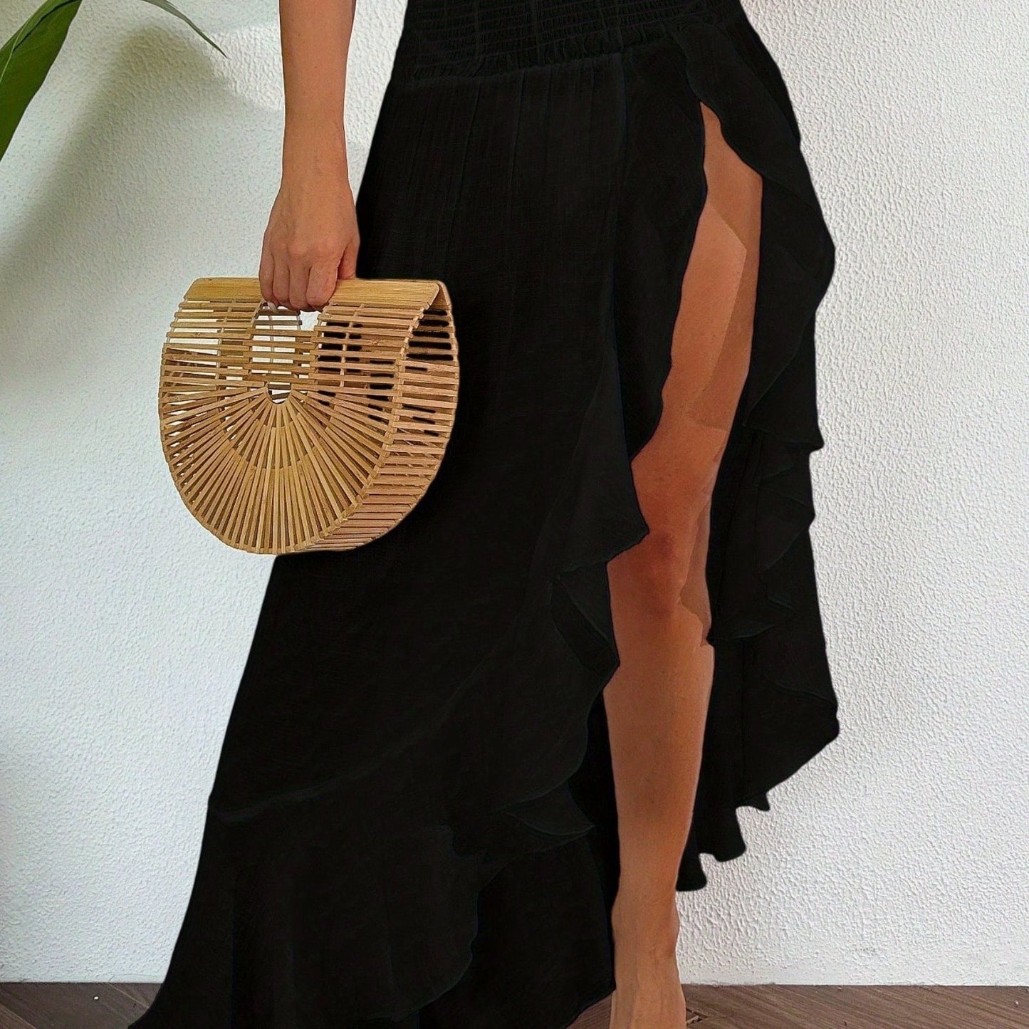 Women's Sexy Asymmetrical High Slit Beach Maxi Skirt - Lightweight Flowy Ruffle Trim, Elastic Waistband & Shirred Pleated Design, Semi-Sheer Solid Color for Summer Vacation, Poolside, or Evening Out, Beach Dresses, Poolside A