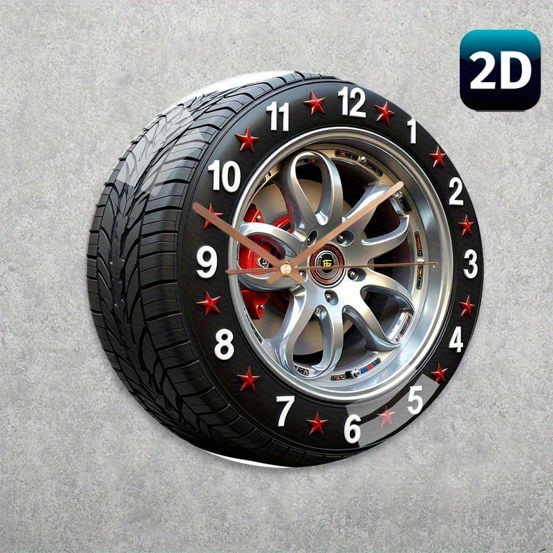 12 Inch Large Modern Car Tire Wall Clock - Heated Glass Silent Quartz Movement with Mechanism, Red & Black Rims & White Face - Battery- (AA Not Included) - Auto-Themed Home Decor for Living Room, Bedroom, - Novel, 2D Flat
