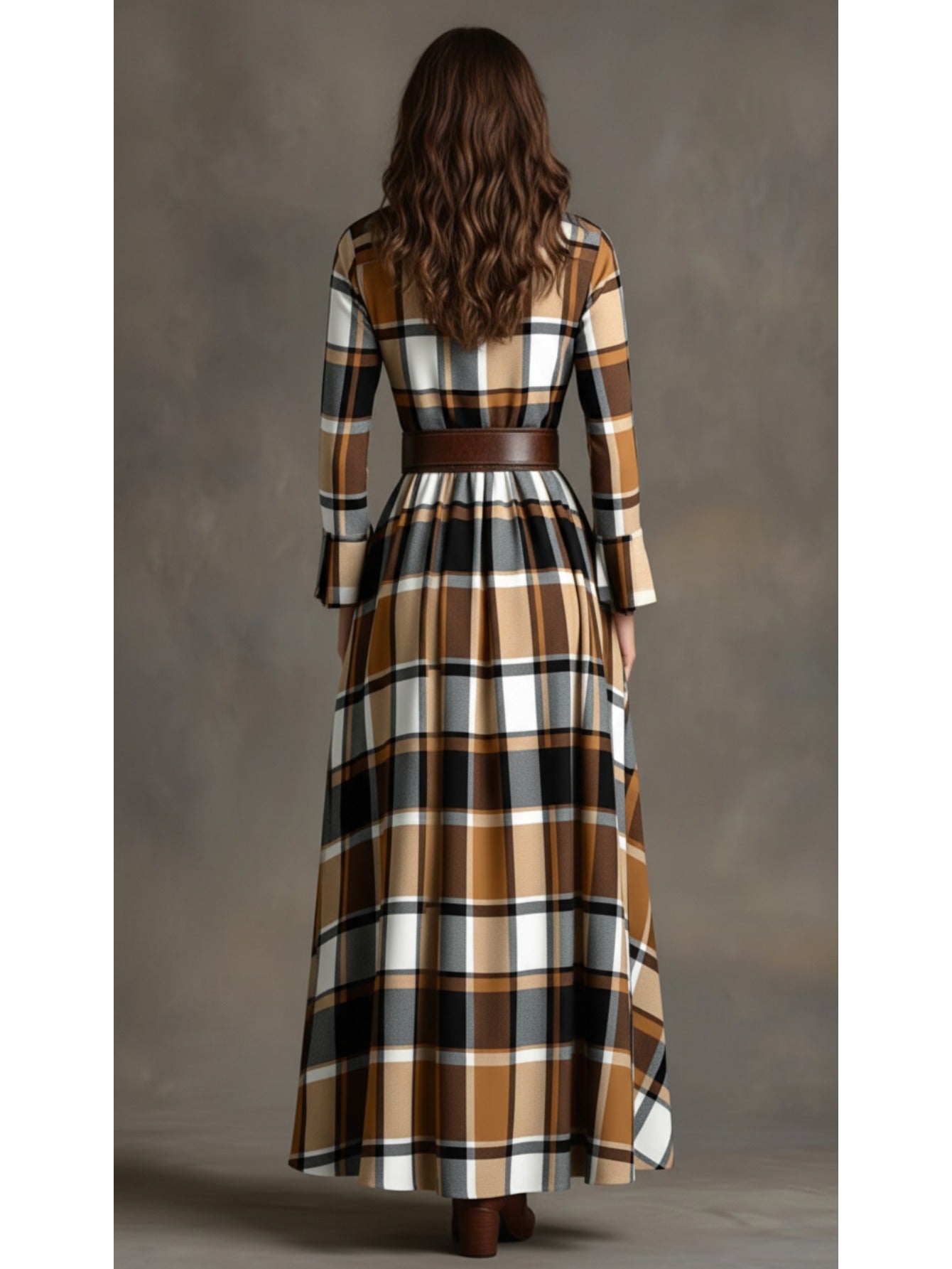 Women'S Brown, White, Black & Gray Plaid Waist-Cinched Maxi Dress | Retro Modern Style, Suitable for Daily Streetwear, Luxury Social Events, and Casual Occasions