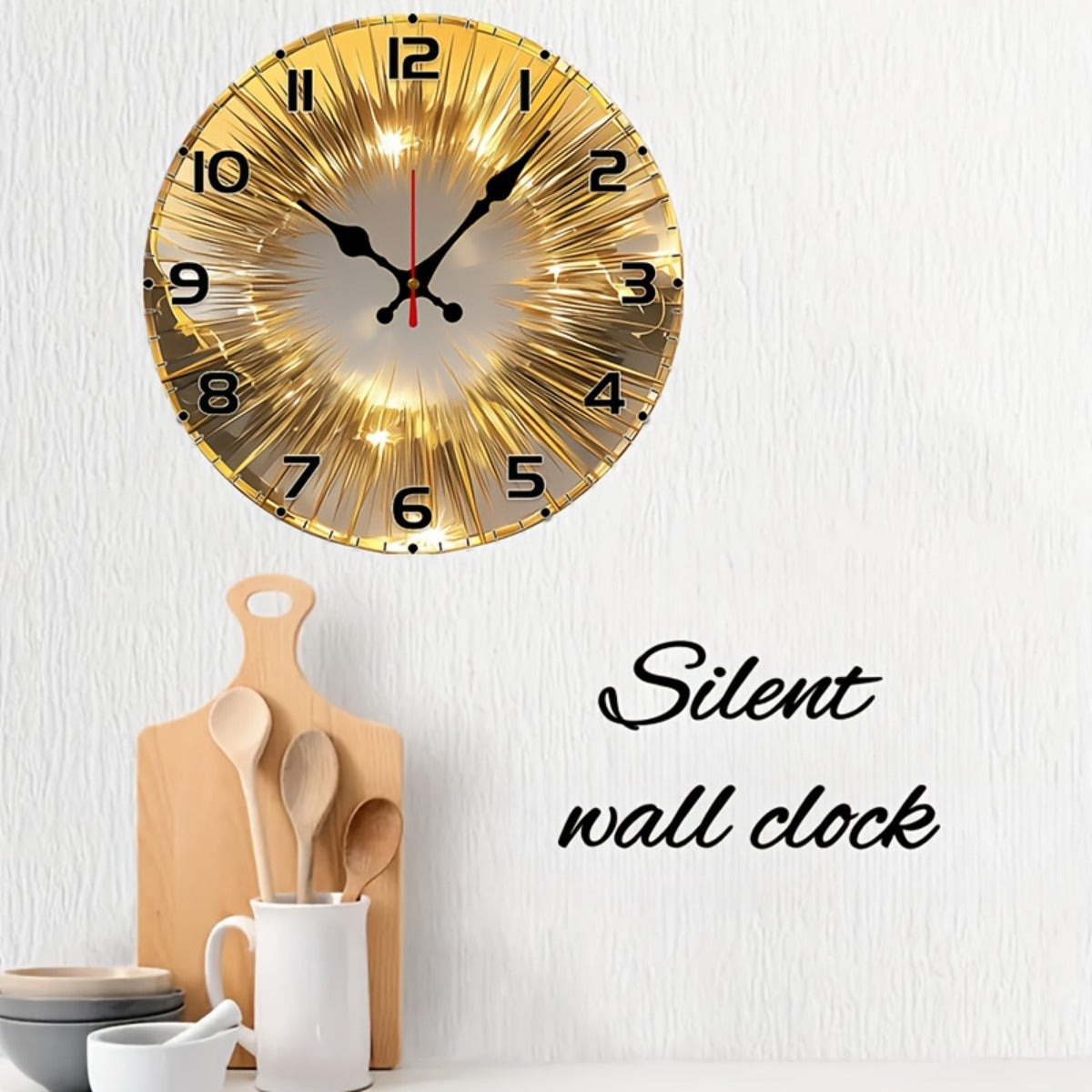 10-Inch Modern European Style Golden-Toned Wood Veneer Wall Clock with Black Arabic Numerals & Quartz Movement - Silent Sweep Round Clock for Living Room, Study, Bedroom - (AA Not Included) - Minimalist Large Face, Wall Clock