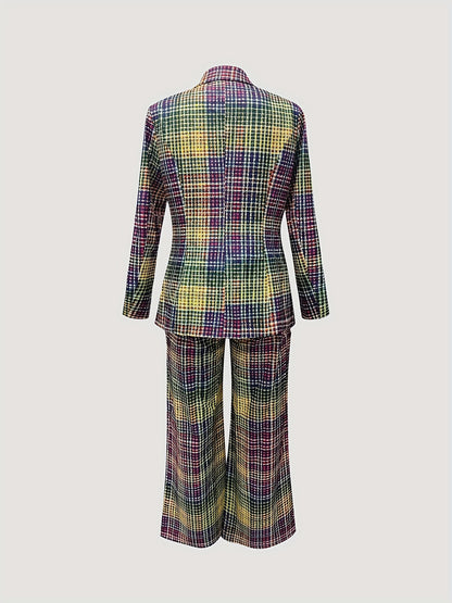 Double-Breasted Blazer and Straight-Leg Trousers - Urban Elegant Business Office - Digital Print Color Gradient Plaid Lapel Long Sleeve Casual - Suitable for Parties, Dates, Business Office, and Various Important Occasions