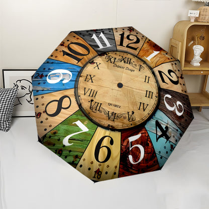 Automatic Open/Close Umbrella with 8 Metal Ribs - Vintage Clock Design, Windproof & Portable Sunshade, Compact Folding Umbrella for Women/Men, Halloween/Christmas Gifts (Brown/Blue/Green/Red/Black/White/Teal/Beige) - Model K0