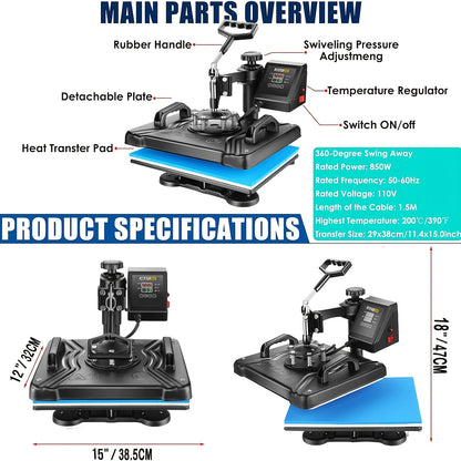 8-in-1 Heat Press Machine with Digital Display - 360° Swing Away, 12x15 Inch, Aluminum Alloy, 110-130V, US Plug, Ideal for T-Shirts, Mugs, Caps - Multifunctional Heat Transfer Combo, Heat Transfer Machine | Digital Display P