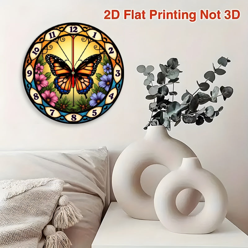 1pc Stained Glass Butterfly Suncatcher Wall Clock - 10 Inch Round Silent Non-Ticking Battery-Powered (AA Not Included) with Easy-to-Read Numerals, Multicolor (Orange/Pink/Purple/Green/Yellow) Floral Butterfly Design - Elegant