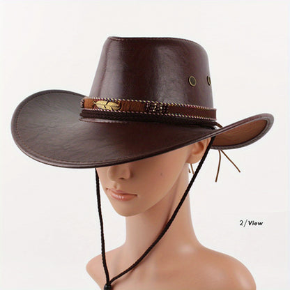 Women Men Western Hat Faux Leather Wide Brim Cowgirl Cap Sun Protection Hat for Outdoor Party