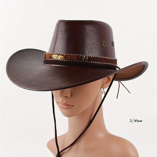 Women Men Western Hat Faux Leather Wide Brim Cowgirl Cap Sun Protection Hat for Outdoor Party