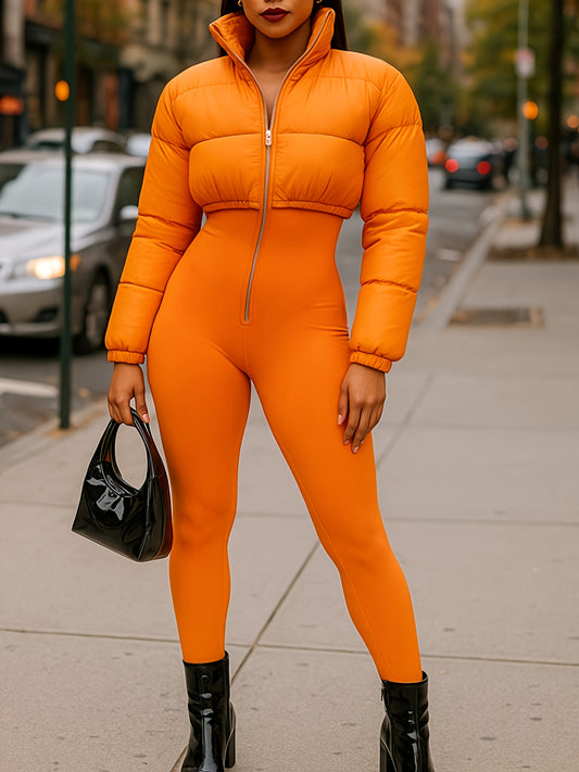 Fashionable Elastic Tight Zipper Warm Jumpsuit