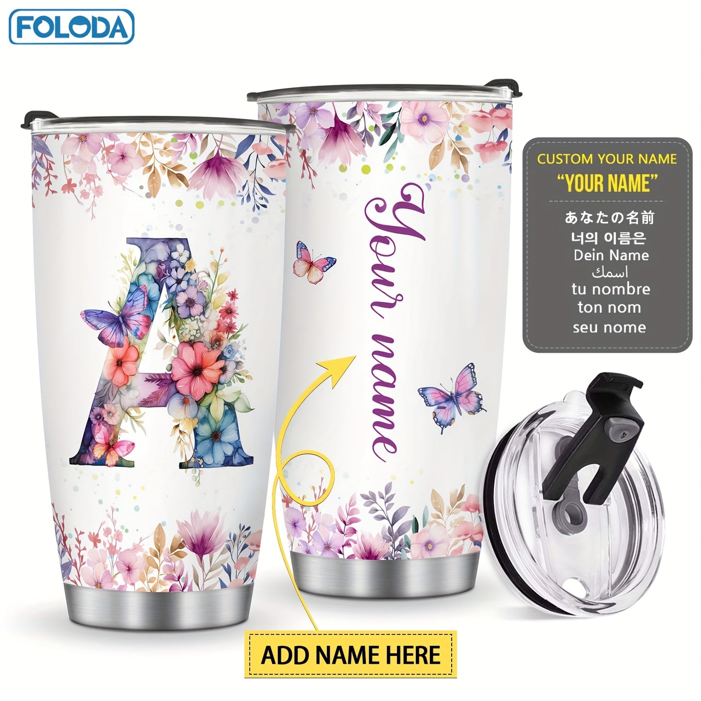 Foloda 1pc Personalized Flower Initials Tumbler Christmas Gift 20oz Mug with Letter Flower Butterfly, Travel Cup for Wedding Birthday Graduation Party, Birthday Valentine's Day Mother's Day Gifts Stainless Steel Mug with Lid