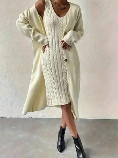 Solid Slouchy Elegant Dress Set, Button Up Long Sleeve Long Length Cardigan & Cable V-neck Sleeveless Slim Tank Dress Outfits, Women's Clothing