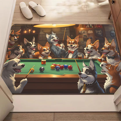 1pc Playful Dogs Playing Billiards Door Mat - Absorbent Microfiber Polyester, Machine Washable Indoor Rug for Bathroom, Bedroom, Living Room Entrance, Bathroom Floor
