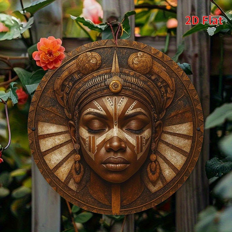 2D Flat, 1pc African Mask Round Metal Wall Art - Vibrant & Tranquil Decor for Living Room, Bedroom, Porch, Front Door - No Electricity Needed, Artistic Design with Textured Metal Finish, Perfect for Room Decor, African Home D