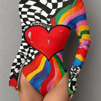 Women'S Checkered Rainbow Heart Print Long Sleeve High Neck Bodysuit - Slim-Fit Jumpsuit with & Checkered Pattern & Multicolor Heart Design, Easy-Care Fabric for Layering, Casual & Formal Outfits, Winter Warmth, Versatile Cas