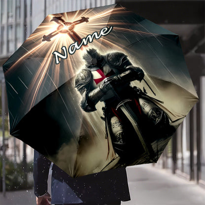 Personalized Medieval Knight Templar Umbrella - Name/Text, Automatic Open/Close, Heavy-Duty 8-Rib Windproof Design, Medieval-Themed Gift for History Buffs, Knights, Birthday or Christmas Present - Portable Travel Umbrella for