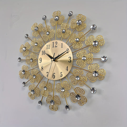 1pc Modern Minimalist Golden Iron Wall Clock with Rhinestone Hands & Large Black Numerals - Silent Non-Ticking Large Face, Elegant Golden-Toned Beige & Brown Design for Living Room, Bedroom, Dining Room, Study - Durable Iron/