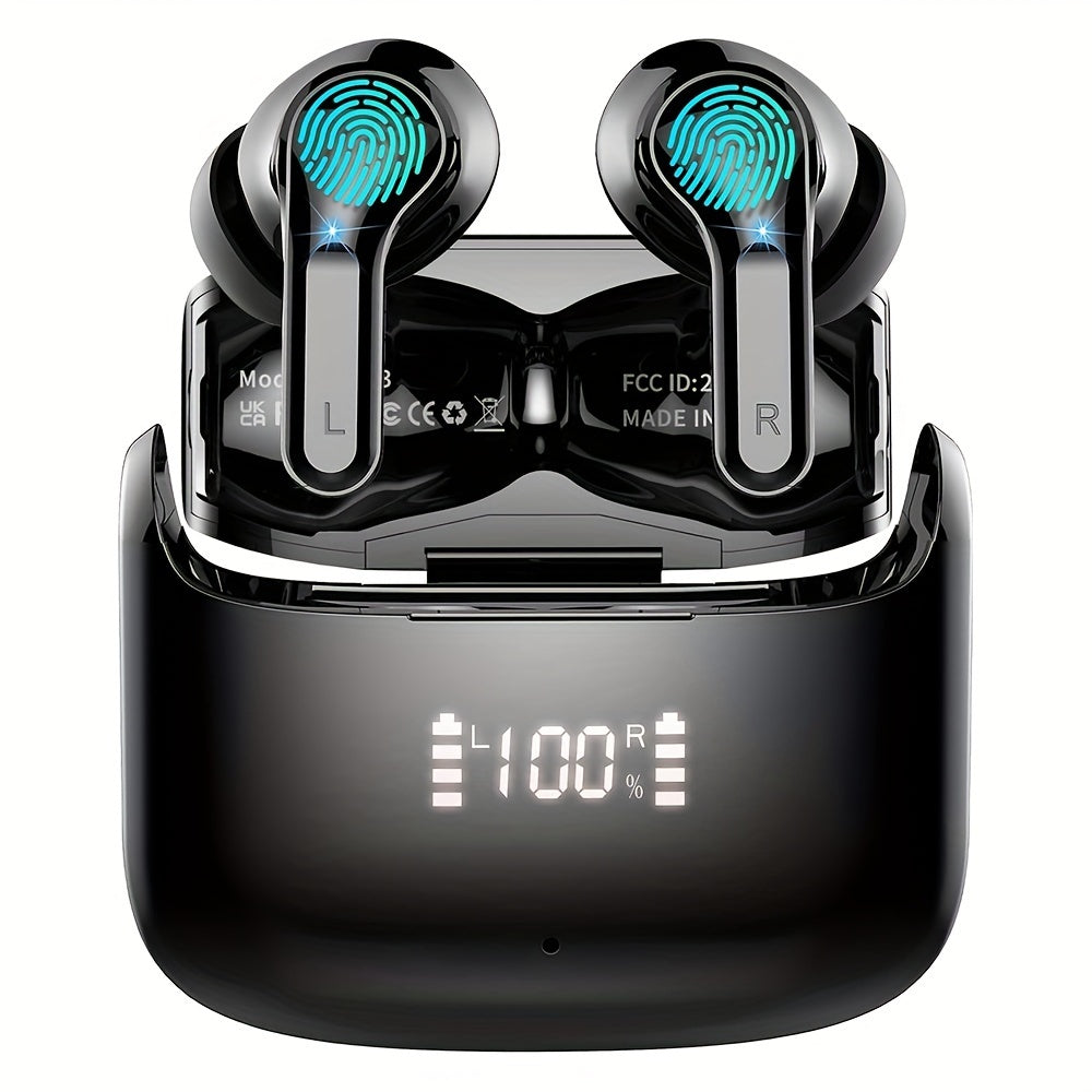 Wireless Earbud, Wireless Headphones 5.3 Stereo Bass Earphones, Ear Buds 40H Dual Mic Call, Earbud in-Ear USB-C LED Display Sport Headset
