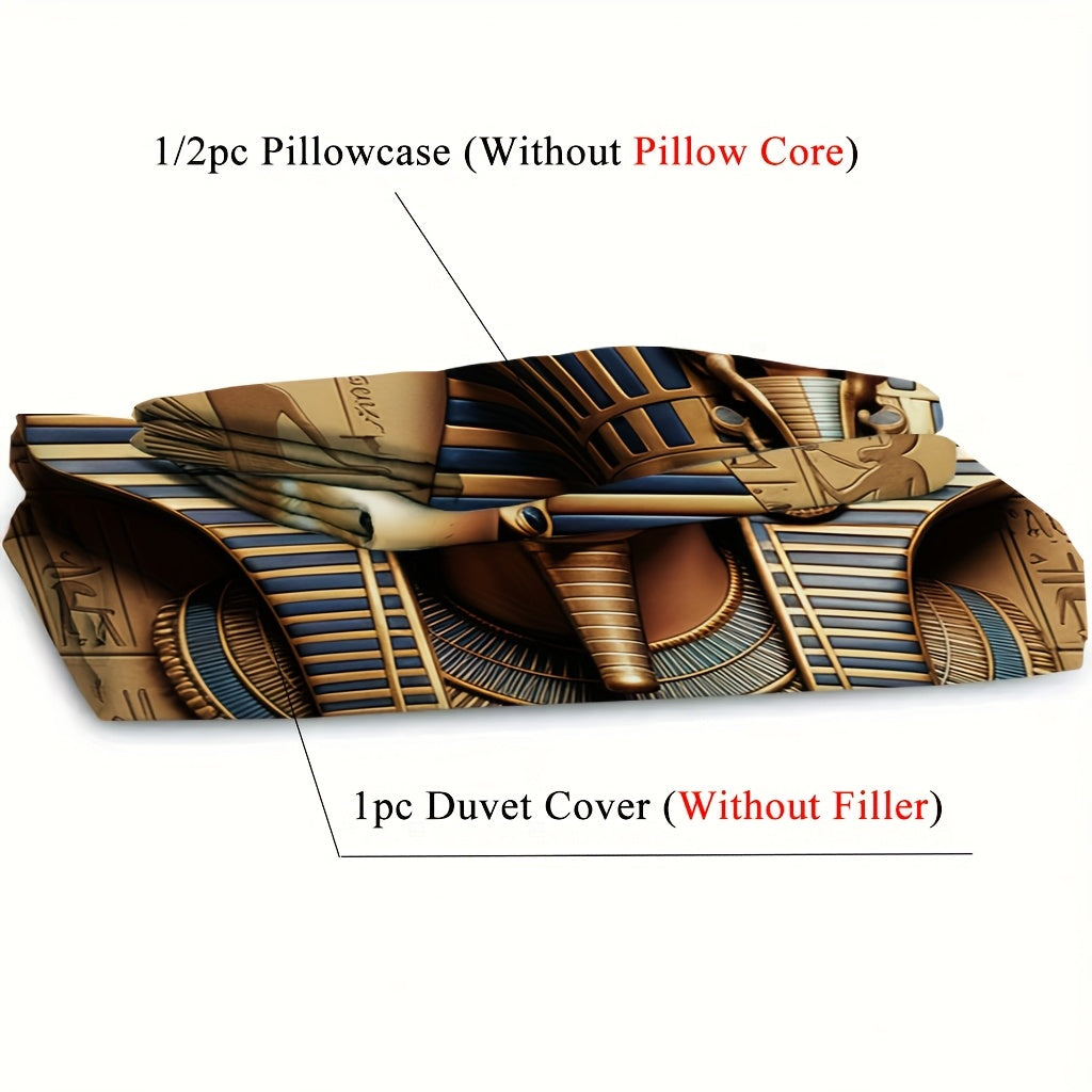 2/3pcs (1 Duvet Cover + 1/2 Pillowcase, Without Core) Duvet Cover Set, 3D Visual Effects Retro Egyptian Ancient Civilization Sphinx Pharaoh Worship Pictography Mysterious Print Soft Comfortable Bedding Set for Bedroom Dorm Ro