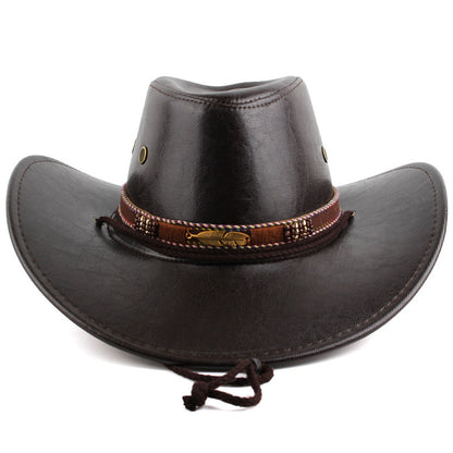 Women Men Western Hat Faux Leather Wide Brim Cowgirl Cap Sun Protection Hat for Outdoor Party