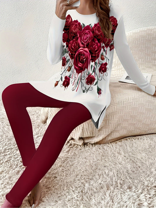 Fashion High-End Red Rose Print Top And Clear Color Pants 2pcs Set