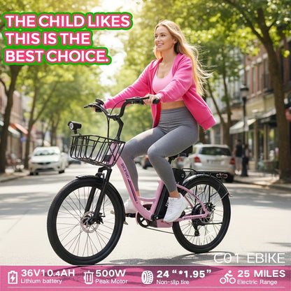 Cruiser Electric Bike For Women, 500W Motor 36V/10.4Ah Removable Battery, 25-40 Miles 20MPH, 24 Inch Electric Bike High-Carbon Steel Frame, 7-Speed With Front Basket -Beach Commuter Ebike For Adults, Ebike With Basket, Sakura
