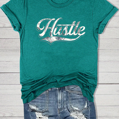 Women'S Casual "Hustle" Graphic Tee - Red Short Sleeve Round Neck T-Shirt with White Artistic Lettering, Lightweight Polyester Blend, Relaxed Fit for Spring & Summer, Casual Summer Wear | Comfortable Fit