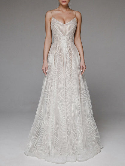 Geometric Beaded Spaghetti Strap V-Neck Flared Wedding Dress, Lightweight Tulle Fitted Gown, Simple and Elegant Style
