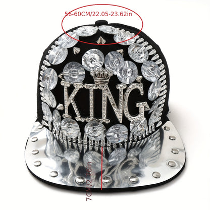 Unisex Stylish Rhinestone "KING" Baseball Cap - Lightweight Polyester, Black with Sparkling Embellishments, Perfect for Casual Outings and Parties, Statement Fashion | Edgy Baseball Cap | Metallic Accents