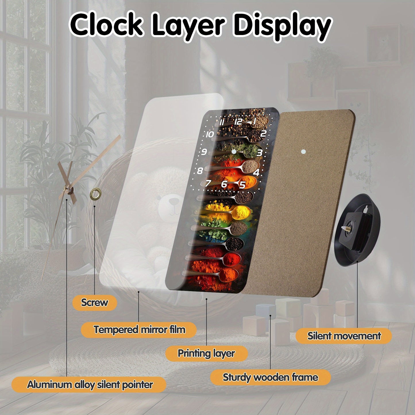 1pc Fantasy Round Wall Clock, Spice Kitchen Decorative Clock, Wooden Wall Clock, Suitable for Kitchen, Living Room, Bedroom Decoration, Ideal Birthday, Thanksgiving, New Year Gift, AA Battery Powered