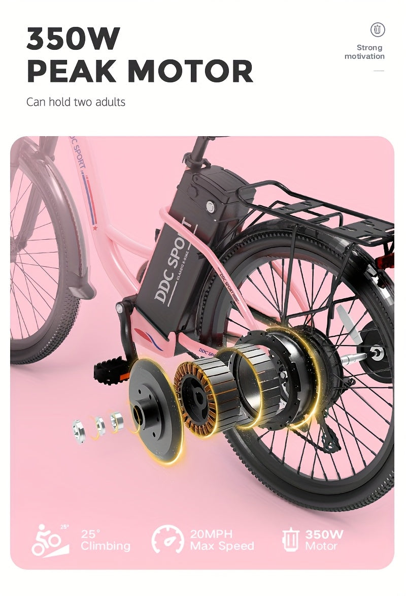 Sakura Pink Electric Bike for Adults, 500W Motor 7-Speed Commuter Ebike with 36V/10.4Ah Removable Battery, 20 MPH & 25-40 Miles Range, 24 Inch Electric Bike, Beach Cruiser Ebike for Women, Students & Commuters, Electric Bike