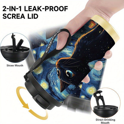 1pc Van Gogh Starry Night & Black Cat Stainless Steel Tumbler - Double-Wall Vacuum Insulated Coffee Cup with Handle, Leakproof & Shatterproof Design, Van Gogh Artwork, Birthday Gift for Men & Women, Travel Mug