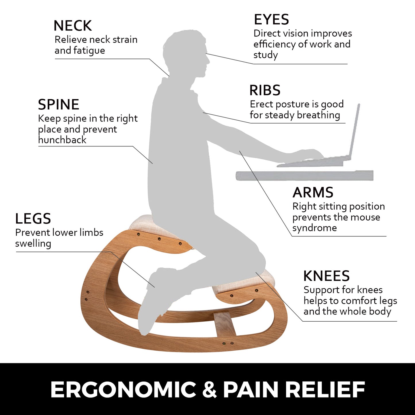 SucceBuy Ergonomic Rocking Wooden Kneeling Chair Correct Posture Computer Chair Original Home Office Furniture Thick Cushion