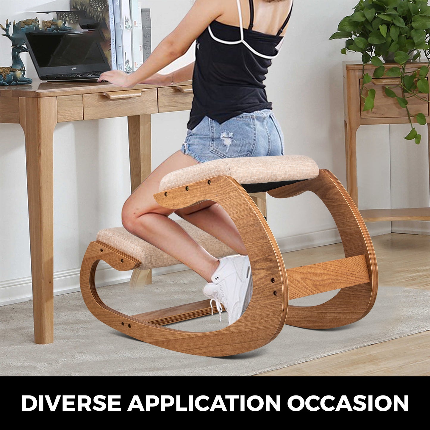 SucceBuy Ergonomic Rocking Wooden Kneeling Chair Correct Posture Computer Chair Original Home Office Furniture Thick Cushion