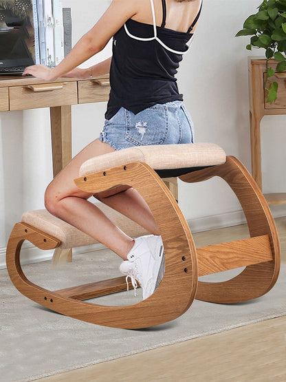 SucceBuy Ergonomic Rocking Wooden Kneeling Chair Correct Posture Computer Chair Original Home Office Furniture Thick Cushion