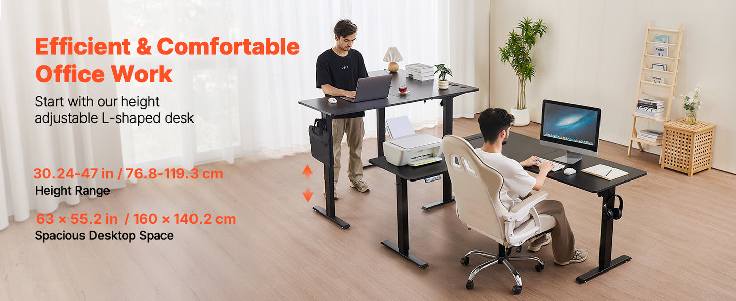 SucceBuy L Shaped Desk Electric Adjustable Height Corner Gaming Desk with Dual Hooks and Wheels for Home Office Easy to Assemble