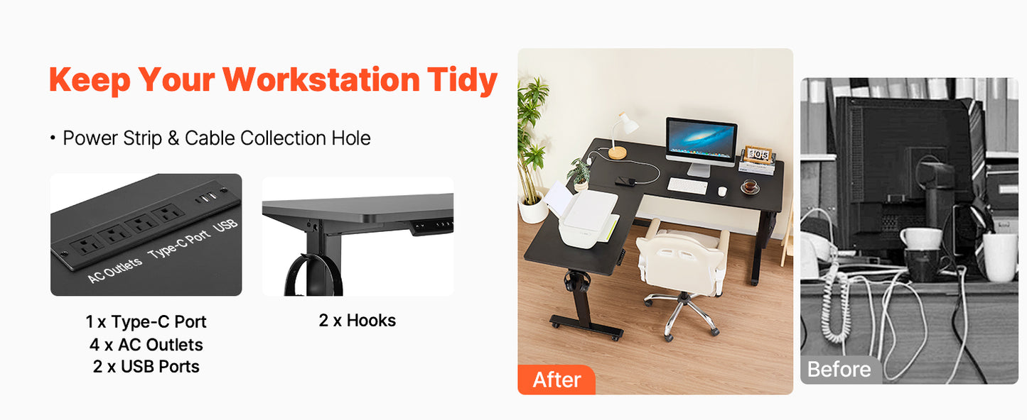 SucceBuy L Shaped Desk Electric Adjustable Height Corner Gaming Desk with Dual Hooks and Wheels for Home Office Easy to Assemble