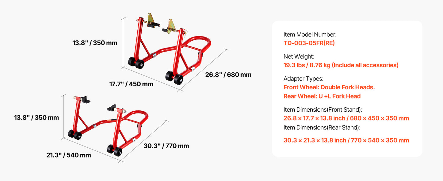 SucceBuy Motorcycle Stand Lift 850lbs Front Rear Combo Stand Lift Front Wheel Dual-Fork Stand Rear U+L Fork Swingarm Spool Stand
