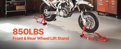 SucceBuy Motorcycle Stand Lift 850lbs Front Rear Combo Stand Lift Front Wheel Dual-Fork Stand Rear U+L Fork Swingarm Spool Stand