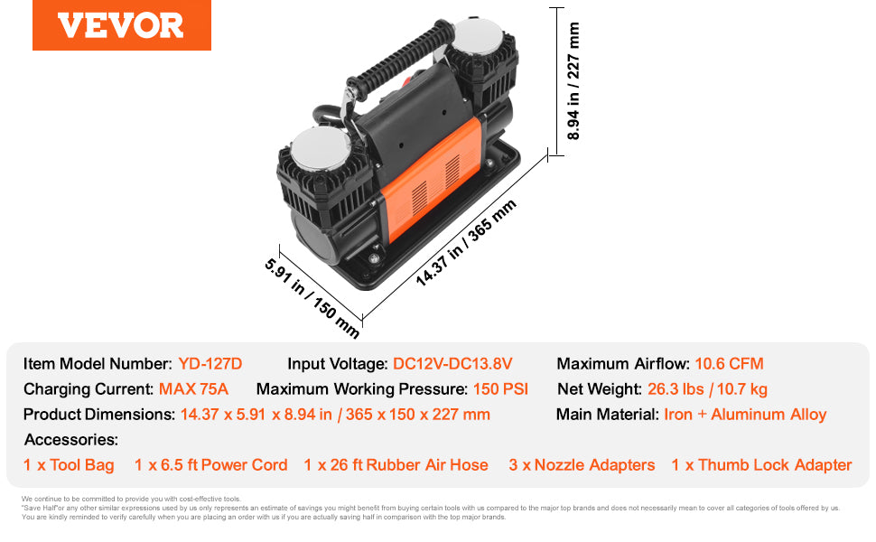 SucceBuy Tire Inflator Compressor 6-10 CFM Heavy Duty Air Compressor Dual-Cylinder 150PSI Air Pump with Adapters for Trucks Car