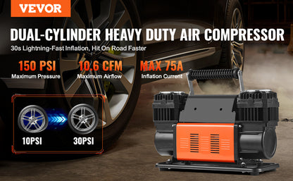 SucceBuy Tire Inflator Compressor 6-10 CFM Heavy Duty Air Compressor Dual-Cylinder 150PSI Air Pump with Adapters for Trucks Car